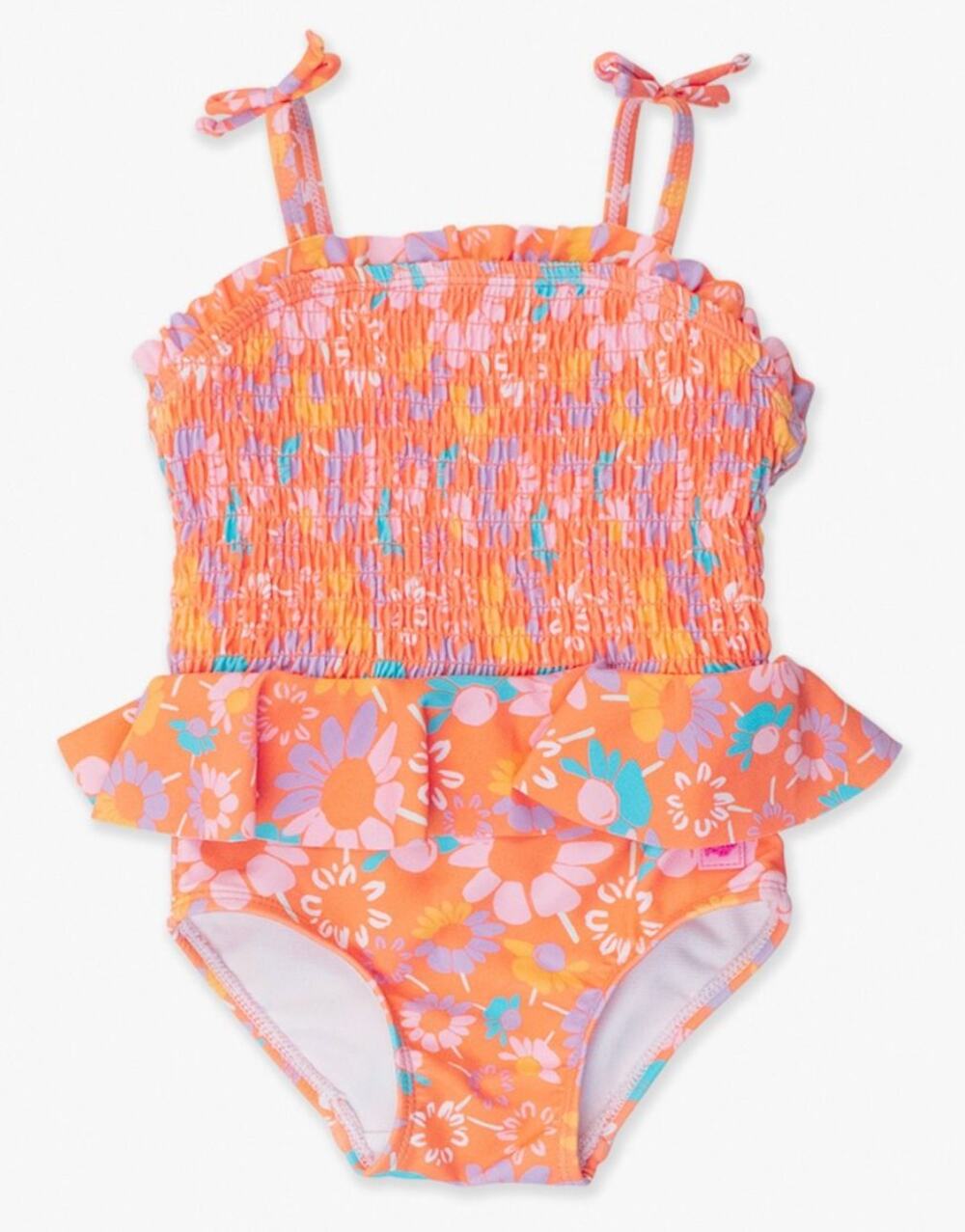 RuffleButts 2T Orange Floral One Piece Swimsuit Toddler Smocked Ruffle Peplum